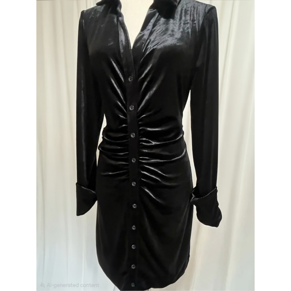 Free People Shayla M mini dress black button up velvet ruched long sleeve Y2K - Picture 11 of 13